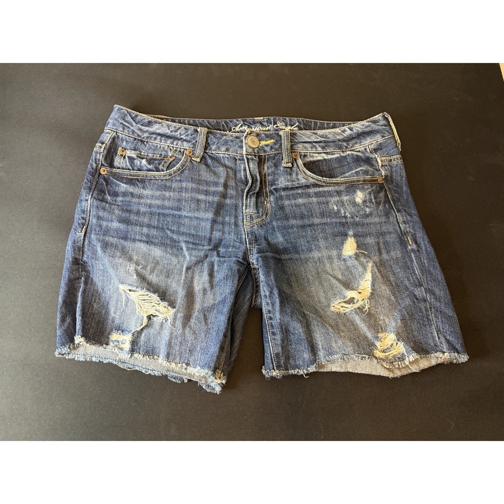 American Eagle 90s Bermuda Distressed Denim Shorts Sz 4‎ Y2K Raw Hem/6" Seam